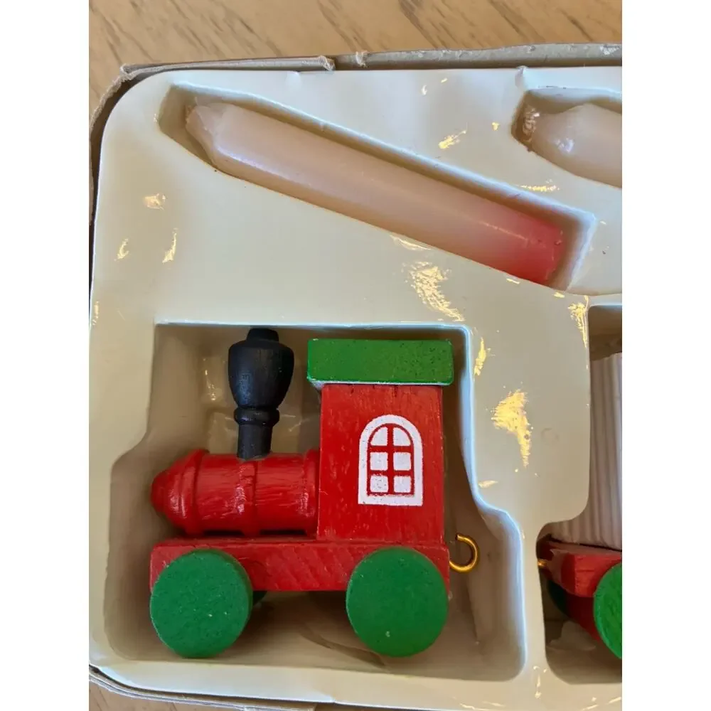 Vintage 80s Christmas Wooden TRAIN Candles Noel Angel Holiday In Original Box